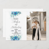 Blauwe Groene Bloem Bruiloft Uitnodigingen met fot (Voorkant / Achterkant)