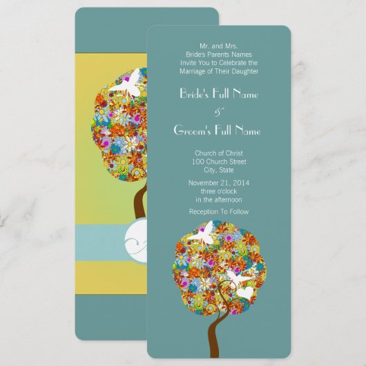 Blauwe Groene Bloemen en Bijen Bruiloft Uitnodigin Kaart (Voorkant / Achterkant)