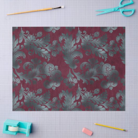 Blauwe groene bloemen op rode wijnontkoppeling tissuepapier (Craft)