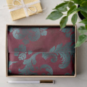 Blauwe groene bloemen op rode wijnontkoppeling tissuepapier (Geschenk)