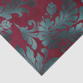 Blauwe groene bloemen op rode wijnontkoppeling tissuepapier (Detail)