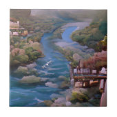 Blauwe groene bomen digitale kunst tegeltje (Voorkant)