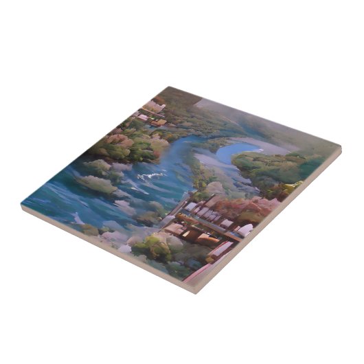 Blauwe groene bomen digitale kunst tegeltje (Zijkant)