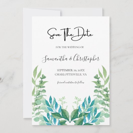 Blauwe groene boon Eucalyptus Leaves Save The Date (Voorkant)