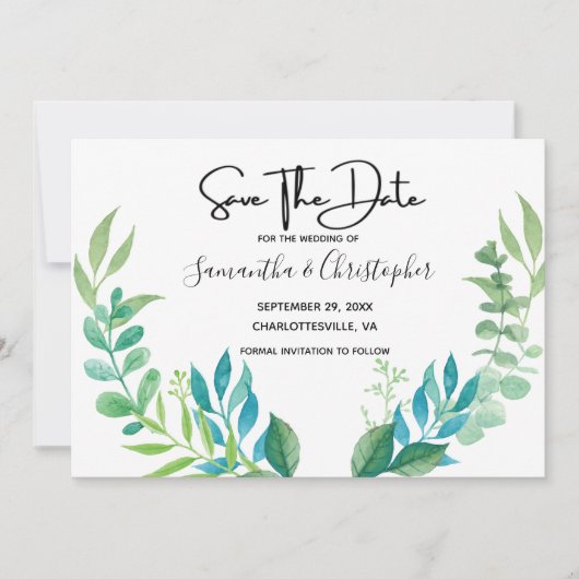 Blauwe groene boon Eucalyptus Leaves Save The Date (Voorkant)