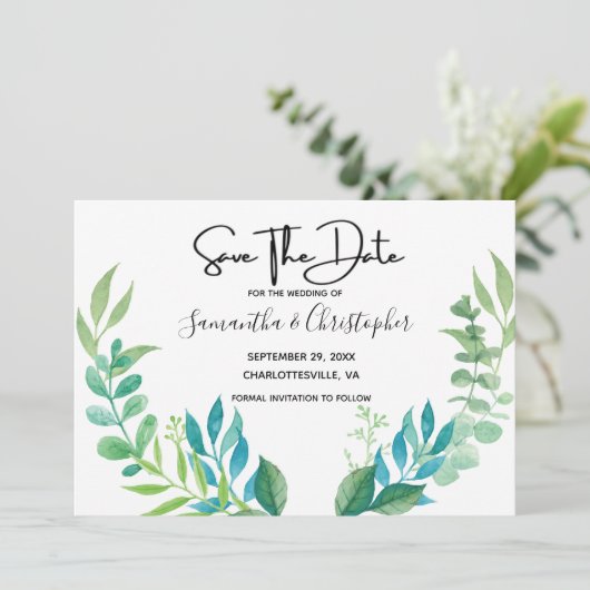 Blauwe groene boon Eucalyptus Leaves Save The Date (Staand voorkant)