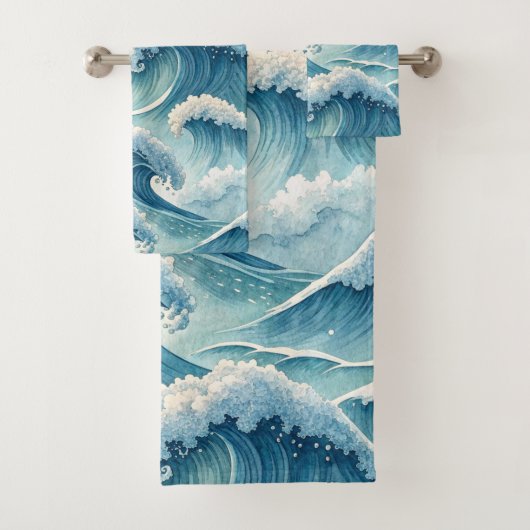BLAUWE GROENE BOTSENDE OCEAANGOLVEN BAD HANDDOEK (Insitu)