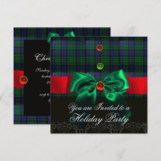 BLAUWE GROENE BOWEN, SCHOTSE TARTAN KERSTPARTY KAART (Voorkant / Achterkant)