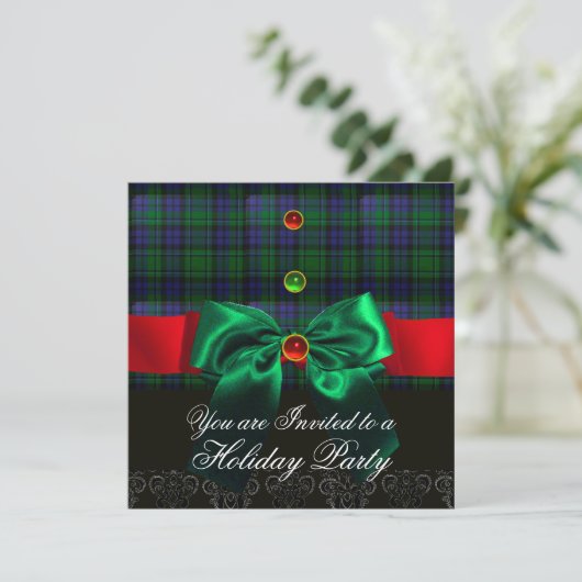 BLAUWE GROENE BOWEN, SCHOTSE TARTAN KERSTPARTY KAART (Staand voorkant)
