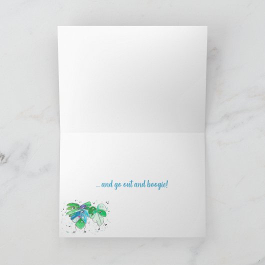 Blauwe groene dansende blaasjes op een verjaardags kaart (Binnen)