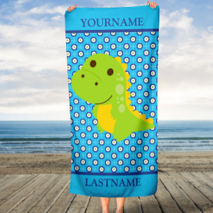Blauwe Groene Dinosaurus Aangepaste Naam en Achter Strandlaken