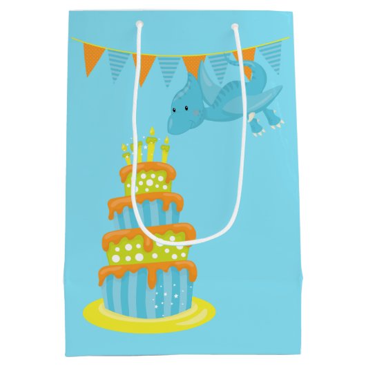 Blauwe groene dinosaurus medium cadeauzakje (Achterkant)