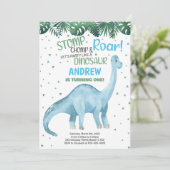 Blauwe Groene Dinosaurus Verjaardag Uitnodigingen (Staand voorkant)