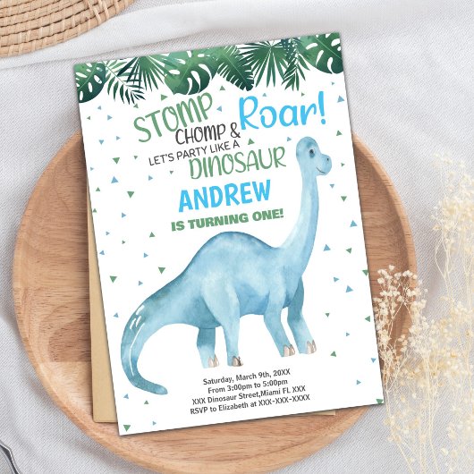 Blauwe Groene Dinosaurus Verjaardag Uitnodigingen