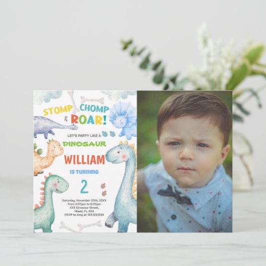 Blauwe Groene Dinosaurus Verjaardag Uitnodigingen  (Staand voorkant)
