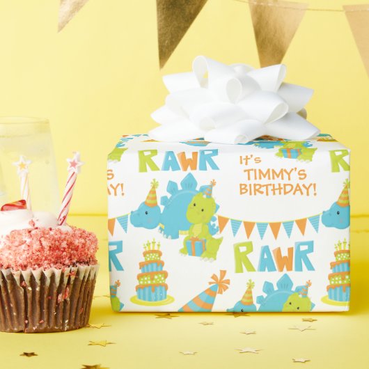 Blauwe groene dinosauruspartij kinderen van afgelo cadeaupapier (Verjaardagsfeest)