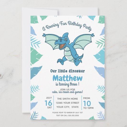 Blauwe groene dinosauruspartij van het Kind Kaart (Voorkant)