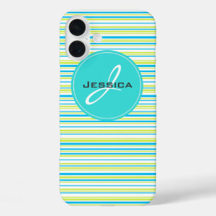 Blauwe groene eenvoudige elegant Stripes Monogram  iPhone 16 Plus Hoesje