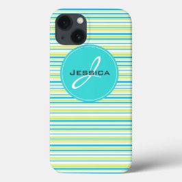Blauwe groene eenvoudige elegant Stripes Monogram  iPhone 13 Hoesje