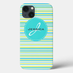 Blauwe groene eenvoudige elegant Stripes Monogram iPhone 13 Hoesje