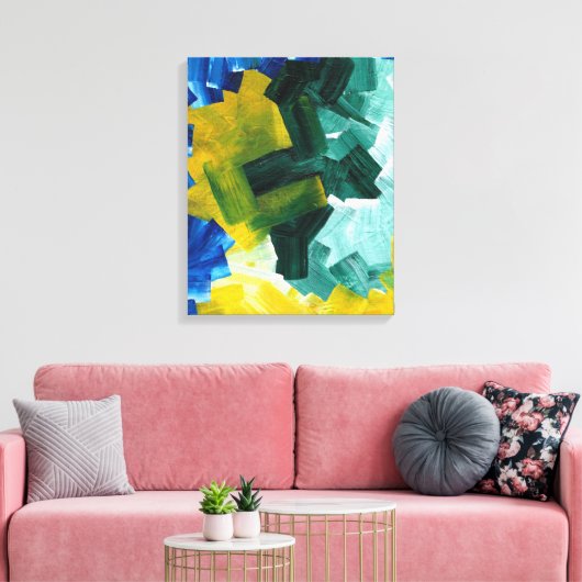 Blauwe, groene en gele abstracte penseelstreken canvas afdruk (Insitu (Woonkamer))