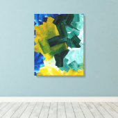 Blauwe, groene en gele abstracte penseelstreken canvas afdruk (Insitu (Houten vloer))
