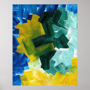 Blauwe, Groene en Gele Abstracte Penseelstreken Poster