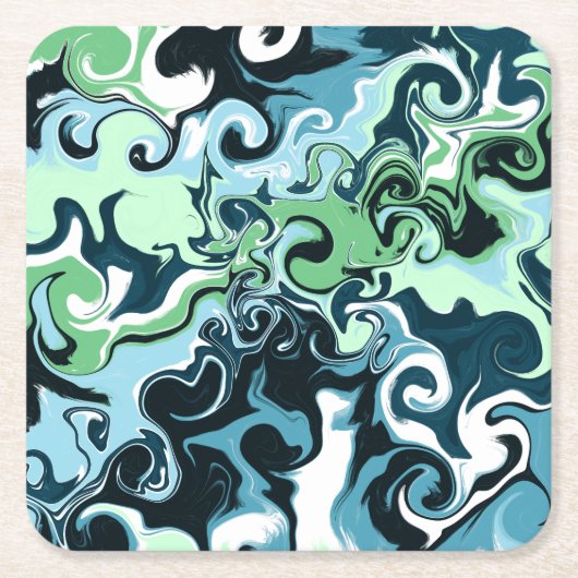 Blauwe, groene en witte ziren Abstracte fluïde kun Kartonnen Onderzetters (Voorkant)