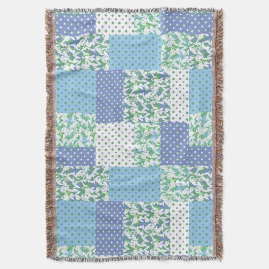 Blauwe groene faux patchwork Snowdrops en pooldots Deken (Voorkant Verticaal)