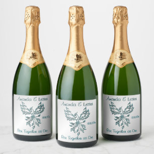 Blauwe Groene Feniks Stijgt op Zilveren Aangepaste Sparkling Wijnetiket