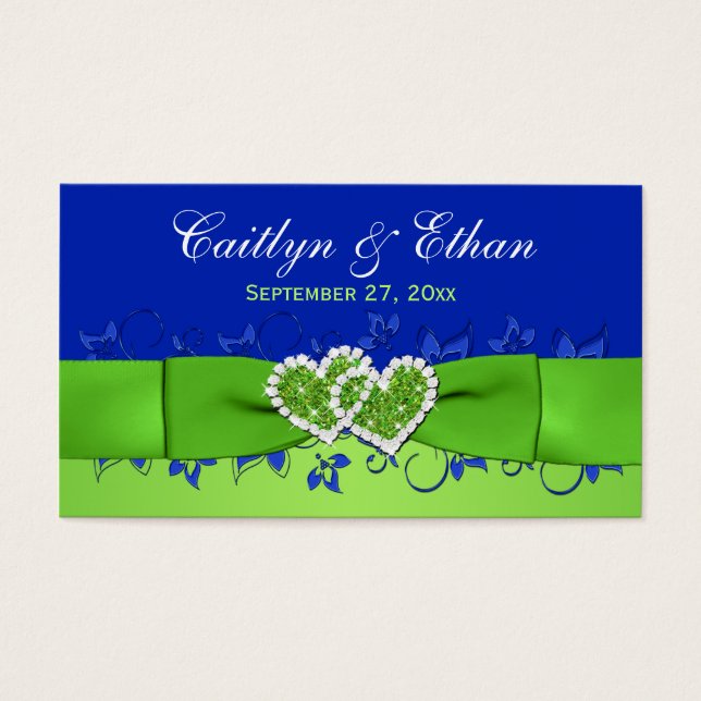 Blauwe, groene Floral, hartenbruiloft voor Label Visitekaartje (Voorkant)