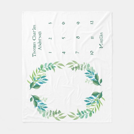 Blauwe groene Floral laat Baby Milestone Boy Baby Fleece Deken (Voorkant)