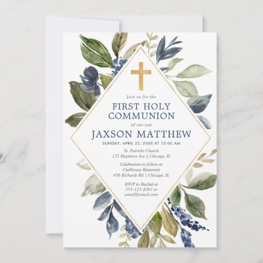 Blauwe groene foliage jongen eerste heilige commun kaart (Voorkant)