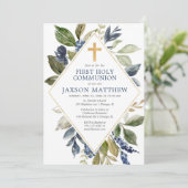 Blauwe groene foliage jongen eerste heilige commun kaart (Staand voorkant)