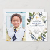 Blauwe groene foliage jongen eerste heilige commun kaart (Voorkant)