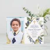 Blauwe groene foliage jongen eerste heilige commun kaart (Staand voorkant)