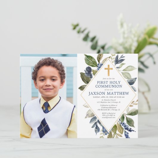 Blauwe groene foliage jongen eerste heilige commun kaart (Staand voorkant)