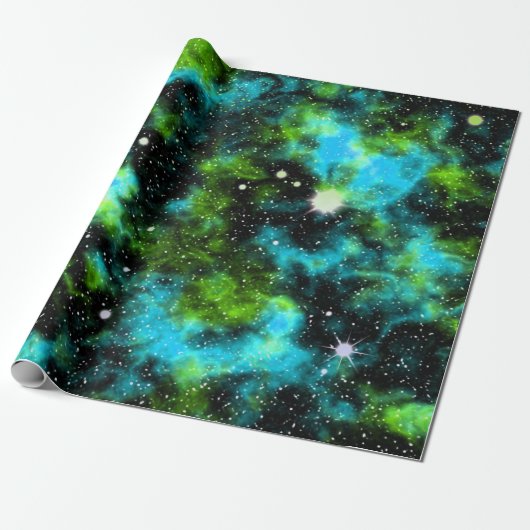 Blauwe groene galaxy Cosmic Space Stars Nebula Cadeaupapier (Uitgerold)