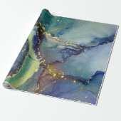 Blauwe groene goudalcohol Vloeibare Abstracte kuns Cadeaupapier (Uitgerold)