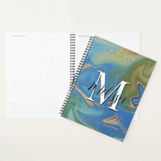 Blauwe groene & goudmatige Abstracte monogram Plan Planner (Display)