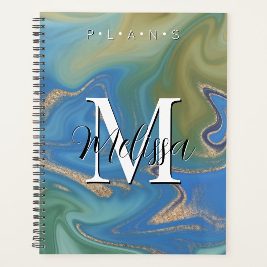 Blauwe groene & goudmatige Abstracte monogram Plan Planner (Voorkant)