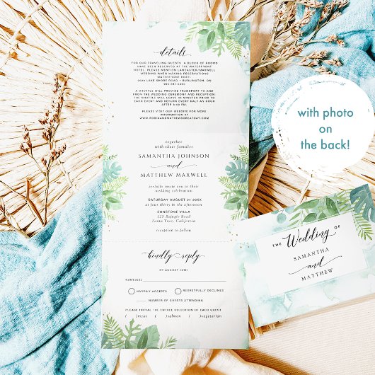 Blauwe groene groen met RSVP, fotohuwelijk Drieluik Uitnodiging