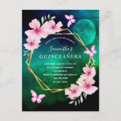 Blauwe groene hemel maan roze bloemen Quinceanera Briefkaart (Voorkant)