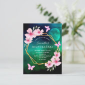 Blauwe groene hemel maan roze bloemen Quinceanera Briefkaart (Staand voorkant)