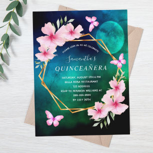 Blauwe groene hemel maan roze bloemen Quinceanera Briefkaart