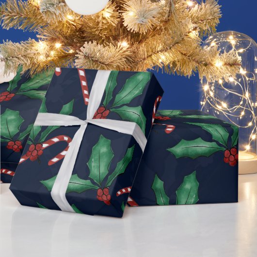 Blauwe groene Holly Leaves Red Berries Candy Cane Cadeaupapier (Feestdagen)
