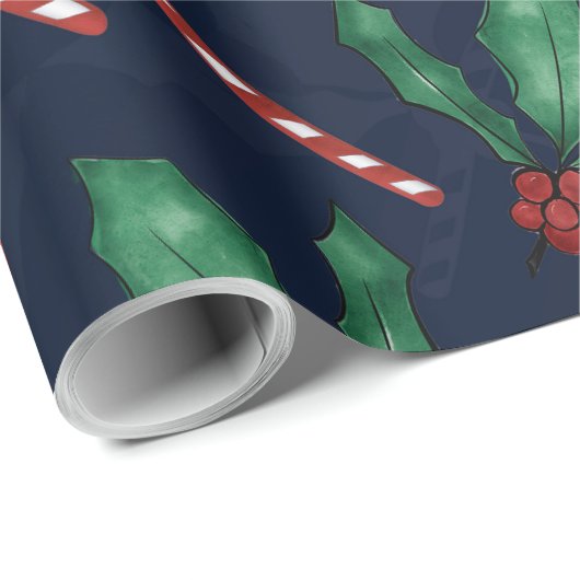 Blauwe groene Holly Leaves Red Berries Candy Cane Cadeaupapier (Rol Hoek)