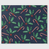 Blauwe groene Holly Leaves Red Berries Candy Cane Cadeaupapier (Vlak)