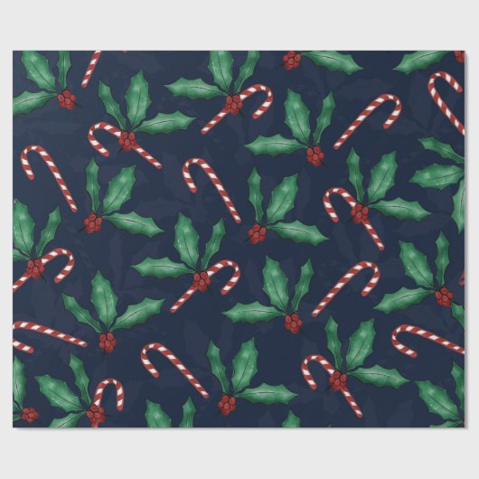 Blauwe groene Holly Leaves Red Berries Candy Cane Cadeaupapier (Vlak)