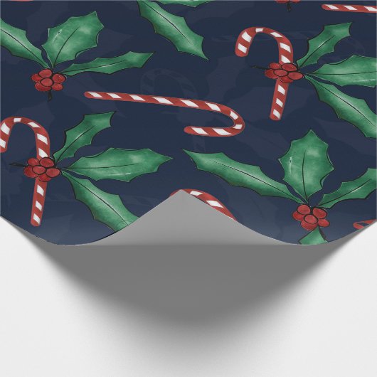Blauwe groene Holly Leaves Red Berries Candy Cane Cadeaupapier (Hoek)